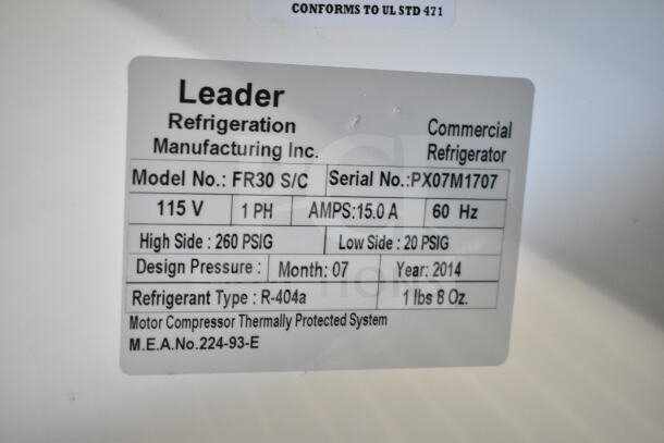 Leader FR30 S/C Commercial Single Door Reach In Cooler label, showing model, serial number, voltage, and refrigerant info.