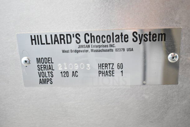 Hilliard's Commercial Floor Style Chocolate System nameplate. Specs: 120 volts, 1 phase, serial 210903.