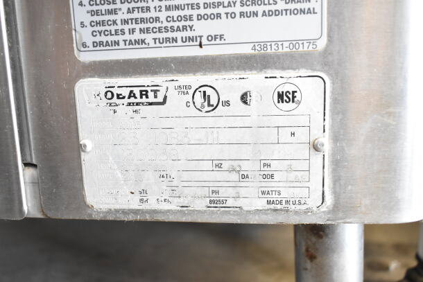 Hobart AM15 commercial dishwasher label showing model, serial number, 208-240V, 3 phase, NSF and UL certifications.