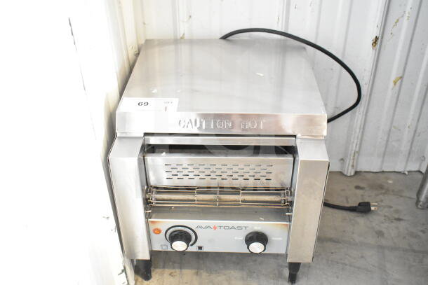 AvaToast CTA7001 Commercial Conveyor Toaster Oven, 120V, 1 Phase, stainless steel, adjustable controls, "Caution Hot" label.
