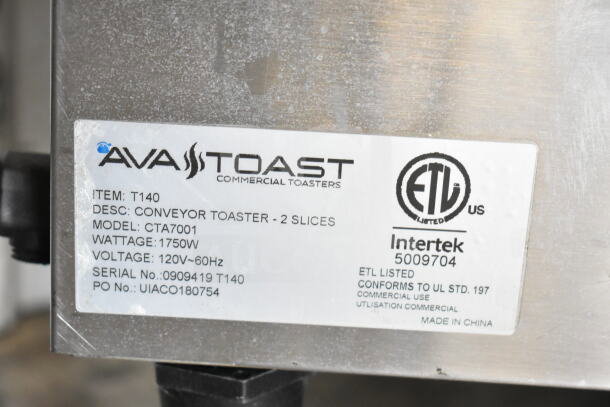 AvaToast CTA7001 commercial conveyor toaster oven label, 120V, 1750W, ETL listed for commercial use.