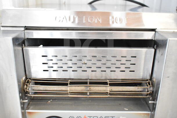 AvaToast CTA7001 commercial countertop conveyor toaster oven, stainless steel, "Caution Hot" label, 120V, 1 phase.