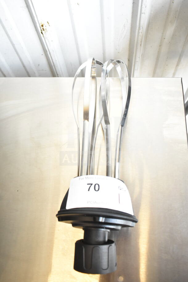 Commercial double immersion blender whisk attachment, stainless steel, with black plastic coupling, auction lot tag 70.