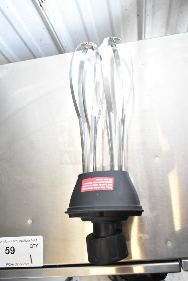 Commercial double immersion blender whisk attachment, stainless steel whisks, black connector, visible red label, excellent condition.