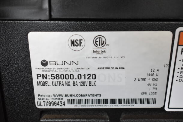 Label on Bunn ULTRA NX 58000.0120 Slushie Machine, 120V, missing hoppers, lists NSF, ETL certifications, and specs.