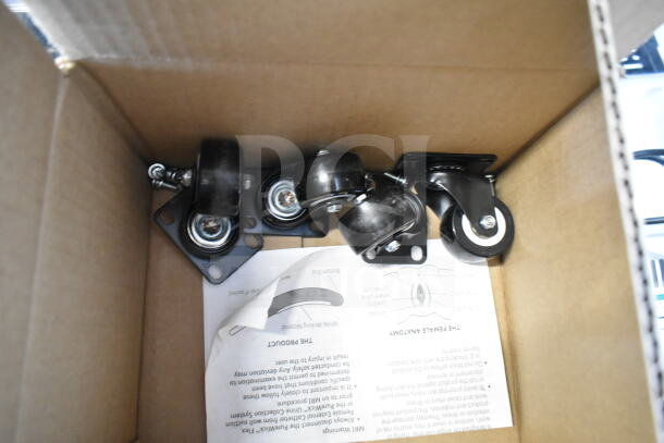 Box containing four black caster wheels and instruction manual for KoolMore CDA-13C merchandiser.