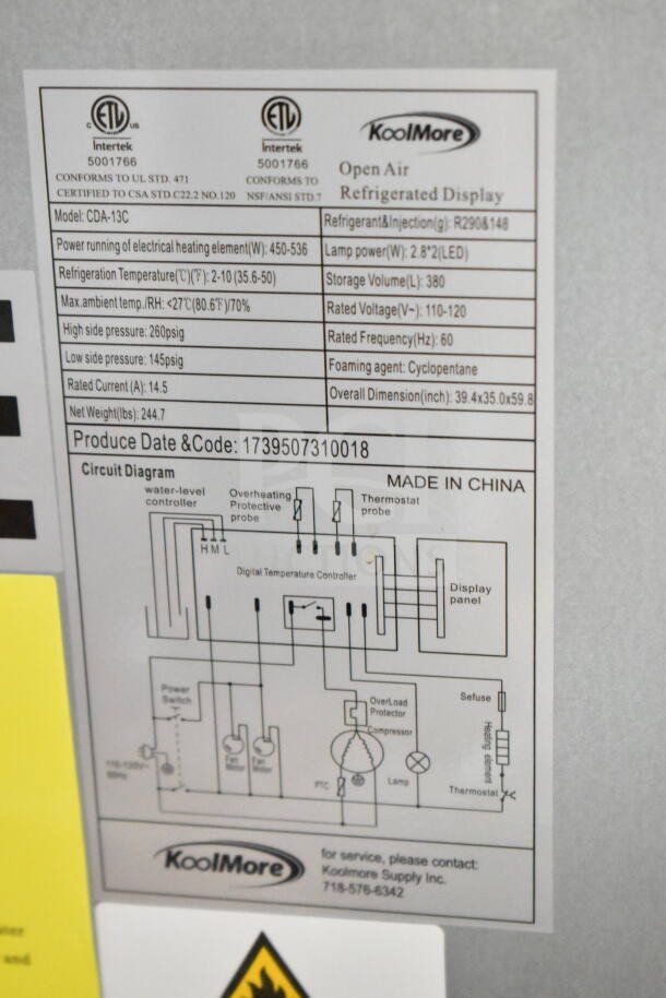 Label on KoolMore CDA-13C Open Air Merchandiser, 13.4 cu. ft., detailing specs and circuit diagram.