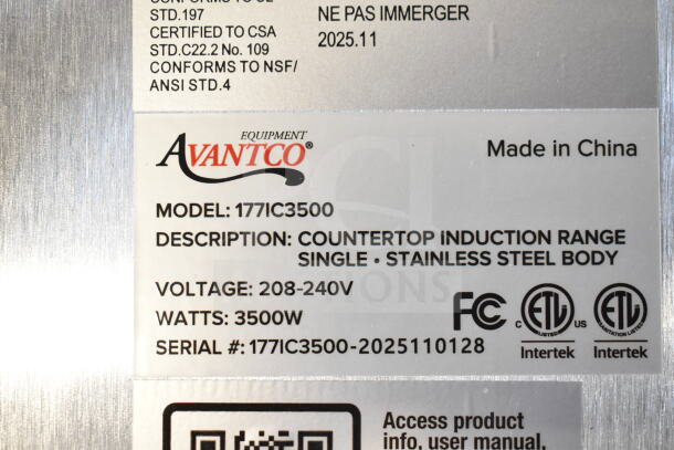 Label of Avantco 177IC3500 countertop induction range. Stainless steel, 3500W, 208-240V, made in China. Serial 177IC3500-2025110128.