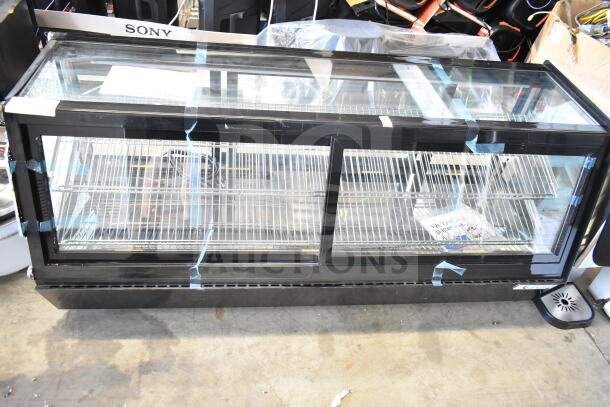 Avantco 360BCSS60HCB 60" black self-serve refrigerated bakery display case, features LED lighting; see picture for broken glass.