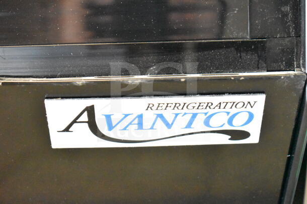Avantco 360BCSS60HCB black bakery display case, 60", LED lighting, new scratch and dent, broken glass. Brand label visible.