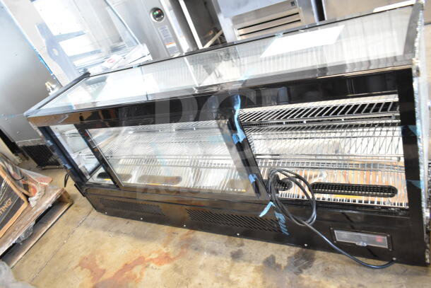 Avantco 360BCSS60HCB 60" black refrigerated bakery display case, LED lighting, new condition, scratch and dent, visible broken glass.