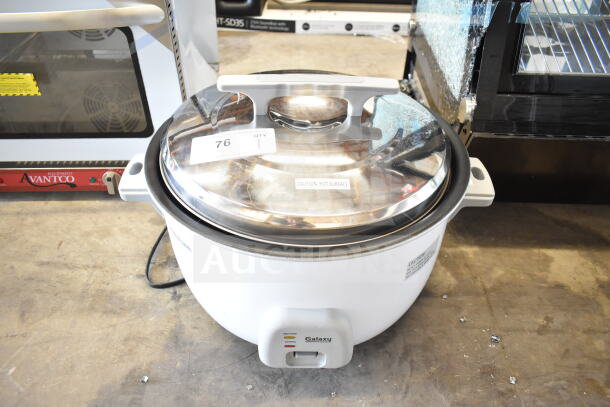 Galaxy 177RCGB3060 electric rice cooker/warmer, 60 cup capacity, scratch and dent, brand new, 120 volts, labeled "Caution Hot Surface."