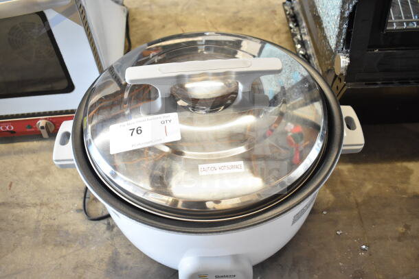 Brand new Galaxy 177RCGB3060 rice cooker, 60 cup capacity, with minor scratches. Tags show caution for hot surface.