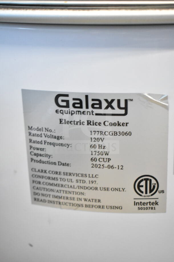 Brand new Galaxy 177RCGB3060 electric rice cooker, 60-cup capacity, 120V, 1750W. Production date: 2025-06-12.