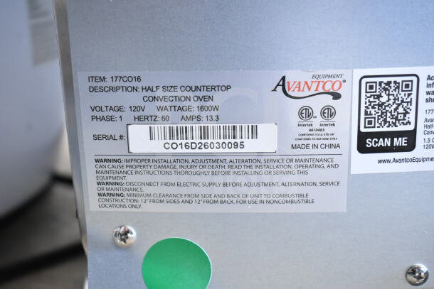 Avantco 177CO16 half-size countertop convection oven label showing 120V, 1600W, and serial number C016D26030095.