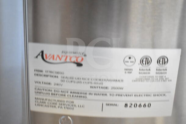 BRAND NEW Avantco 177RCSB90 Digital Rice Cooker/Warmer with Hinged Lid, 90 Cup, 240V, Model 177RCSB90, Serial 820660.