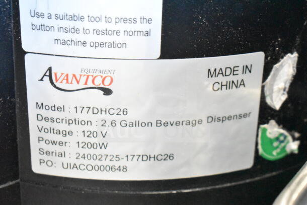 Avantco 177DHC26 2.6 Gallon Hot Beverage Dispenser label, 120V, 1200W, made in China, with serial and model details.