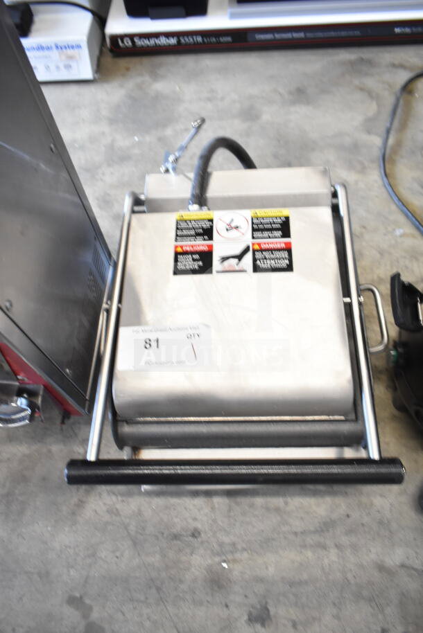 Star Commercial Countertop Panini Press, 115 volts, 1 phase, stainless steel. Warning labels visible on top.