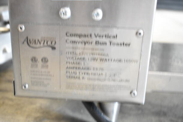 Avantco 177CPBTB66A commercial vertical bun toaster, 120V, 1 phase, stainless steel, ETL certified, model plate shown.