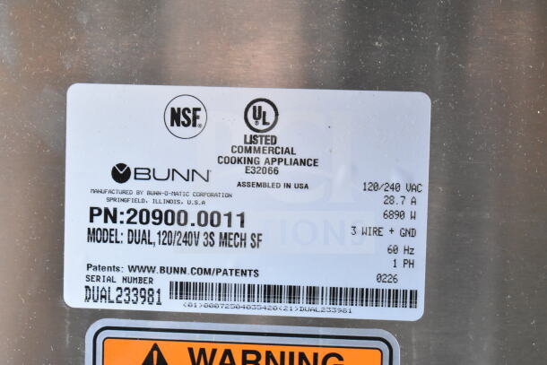 Bunn DUAL 20900.0011 coffee brewer label, features 120/240V, 18.9-gallon capacity, NSF UL listed, serial DUAL233981.