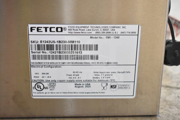 2025 Fetco CBS-1242 Coffee Brewer, digital display, dual brewing stations, 208-240V, 1 Phase, label showing specs and serial number.