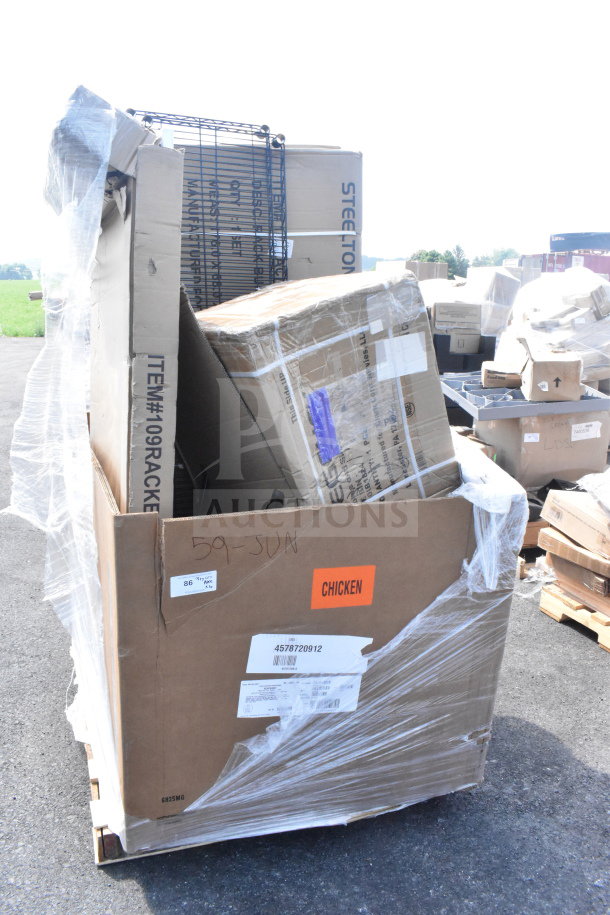 Cardboard box with 10 new scratch and dent items, including a whiteboard, ice bin, and pan rack. Labeled "59-JUN."