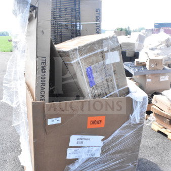 Cardboard box with 10 new scratch and dent items, including a whiteboard, ice bin, and pan rack. Labeled "59-JUN."