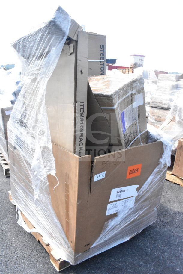 Pallet of 10 brand new scratch and dent items, including a whiteboard, ice bin, and pan rack, packaged in cardboard and plastic wrap.