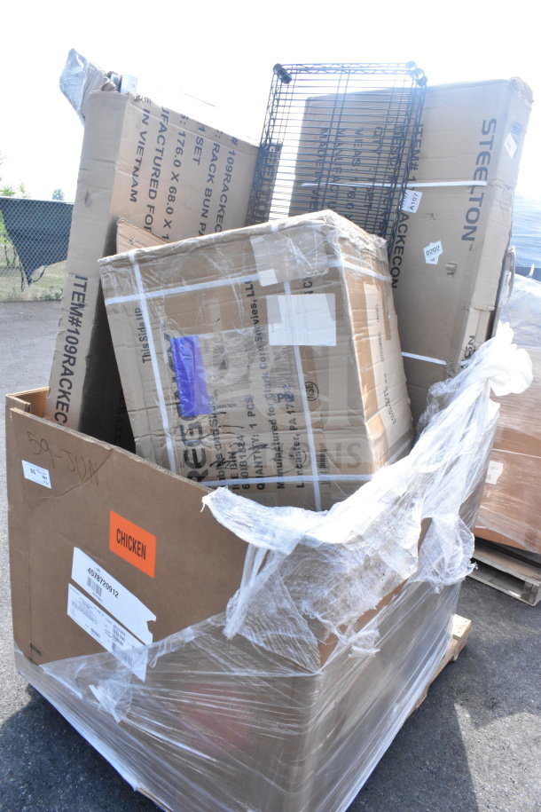 Pallet of 10 brand new scratch and dent items including whiteboard, ice bin, and pan rack, boxed and wrapped.