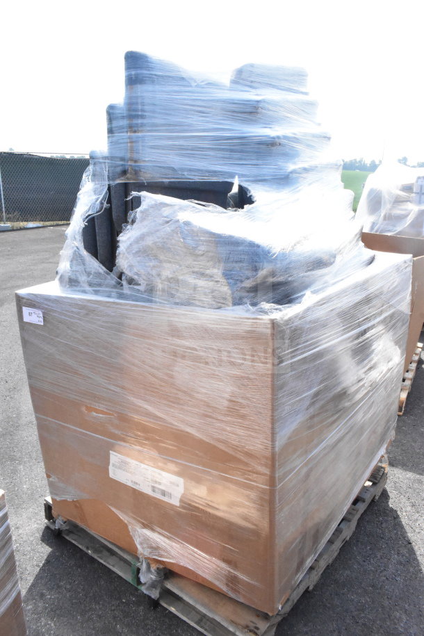 24 brand new Lancaster Table & Seating 21" silver vein church chairs with gray fabric, wrapped on a pallet for auction.