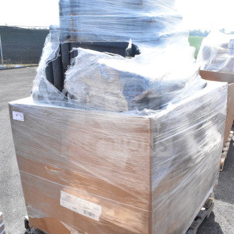 24 brand new Lancaster Table & Seating 21" silver vein church chairs with gray fabric, wrapped on a pallet for auction.