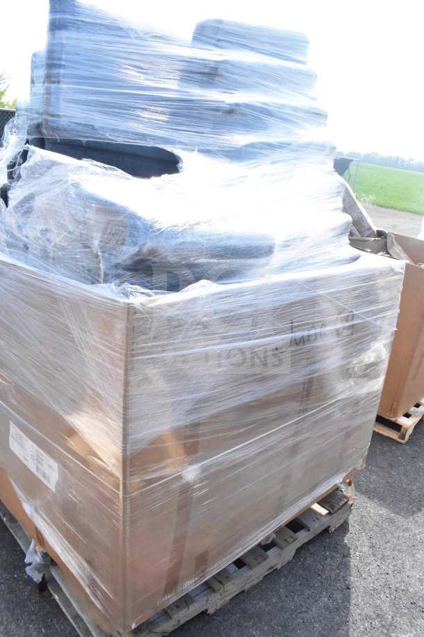 Pallet with 24 new Lancaster Table & Seating 21" silver vein church chairs, gray fabric, wrapped for auction. Model: 164CHRCH21GY.