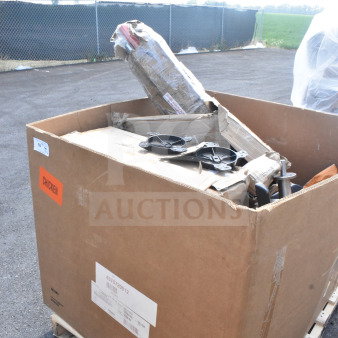 Large box containing 16 brand new scratch and dent items, including table leg pieces. Labels indicate batch details.