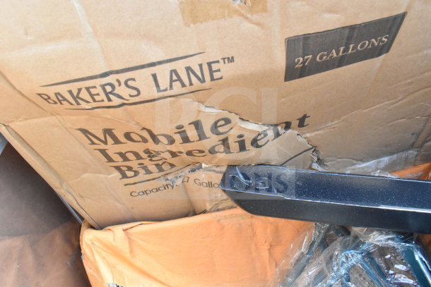 16 brand new scratch and dent items, including Baker's Lane 27-gallon mobile ingredient bin, and table leg pieces.