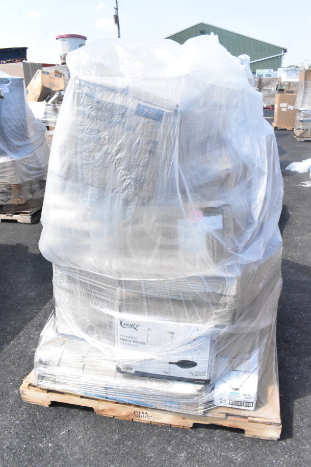 Pallet with 16 new scratch and dent items, including cups and cutlery, wrapped in clear plastic. Visible “Choice” box label.