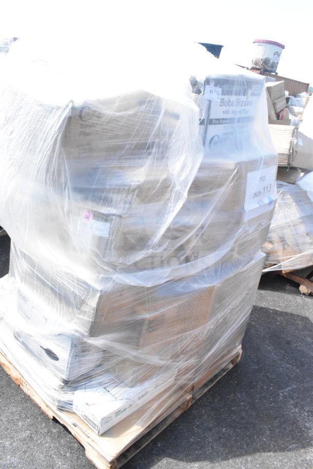 Shrink-wrapped pallet with 16 new scratch and dent boxes. Includes hot cups, gloves, straws, cold cups, and cutlery packs.