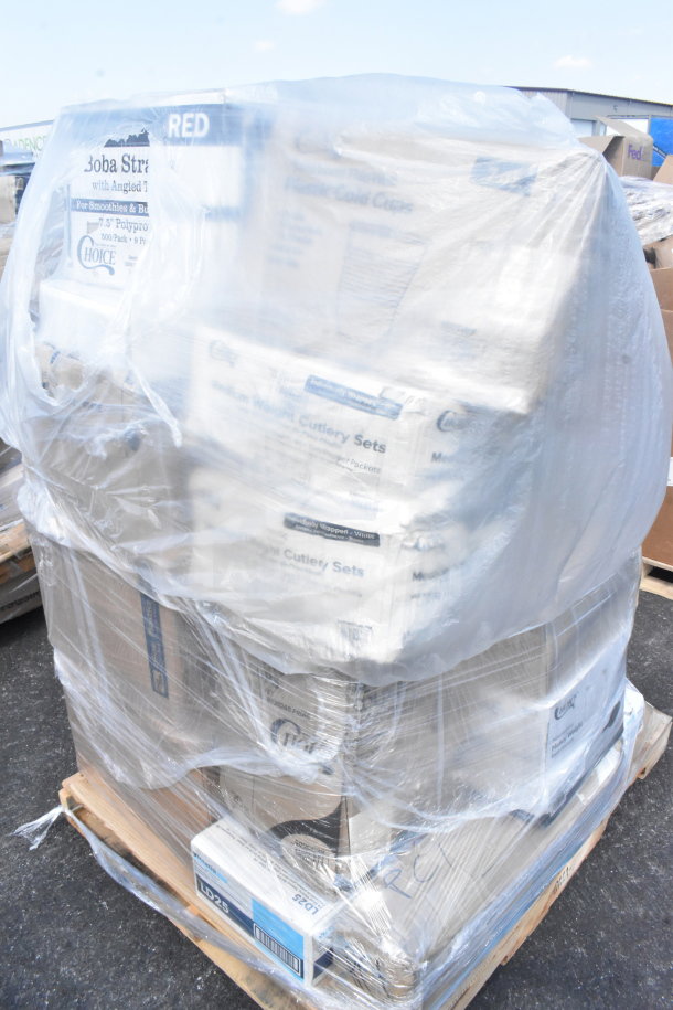 16 scratched and dented items on pallet, wrapped in plastic. Boxes labeled for hot cups, gloves, straws, cutlery.