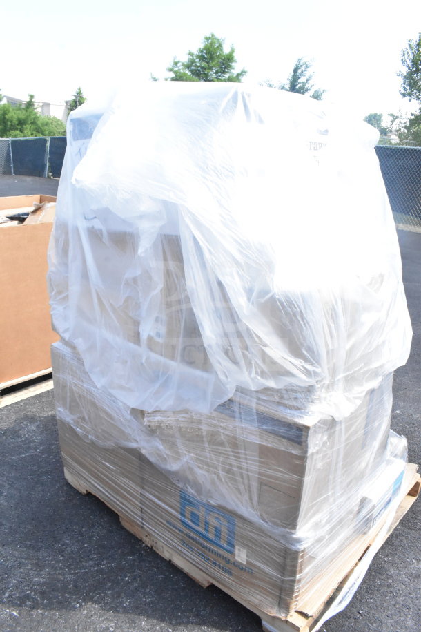 Pallet of scratch and dent items wrapped in plastic, includes hot cups, gloves, straws, cold cups, cutlery packs.