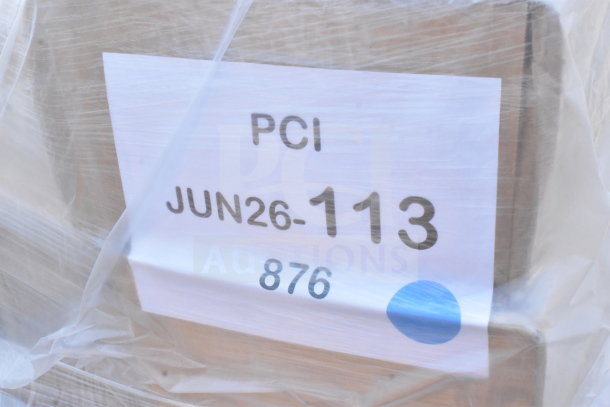 Plastic-wrapped pallet with label reading "PCI JUN26-113." Contains 16 new scratch-and-dent items: hot cups, gloves, straws.