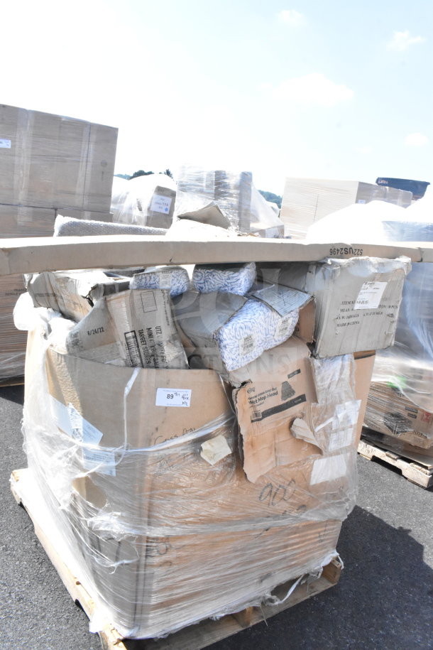 Pallet with 12 new scratch and dent items, including mop sink and mop heads, wrapped in plastic. Boxes show labels and wear.