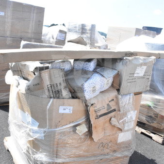 Pallet with 12 new scratch and dent items, including mop sink and mop heads, wrapped in plastic. Boxes show labels and wear.