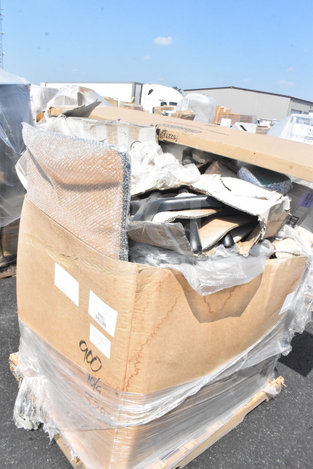 Box of 12 brand new scratch and dent items, including mop sink and mop heads, wrapped in plastic on a pallet.