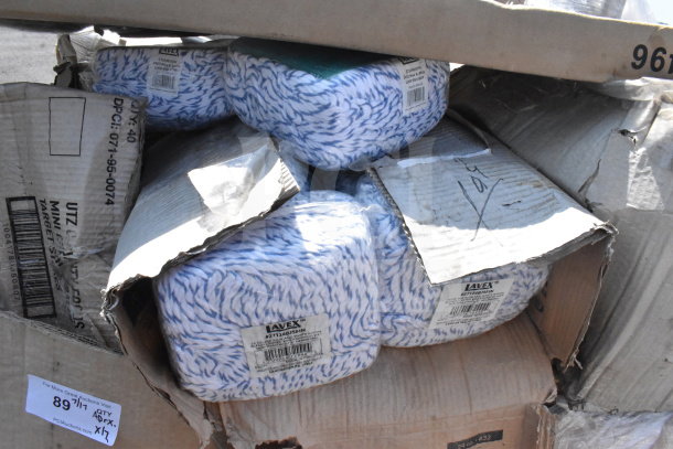 Boxes of brand new Lavex mop heads, blue and white, with visible labels, in scratch and dent condition.