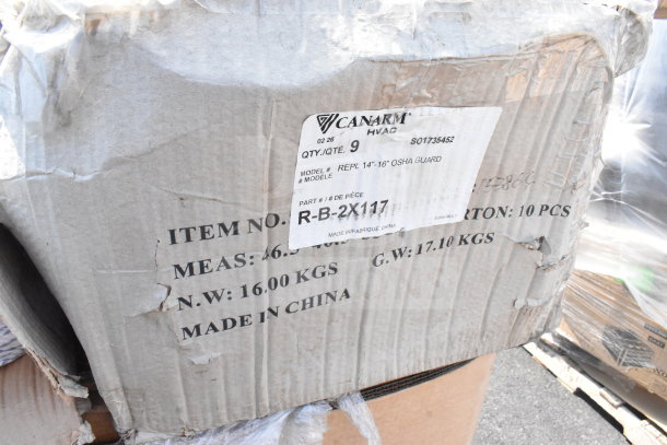 Cardboard box labeled "Canarm HVAC" containing new scratch and dent items. Model: REPL 14"-16" OSHA Guard, Qty: 9, Made in China.