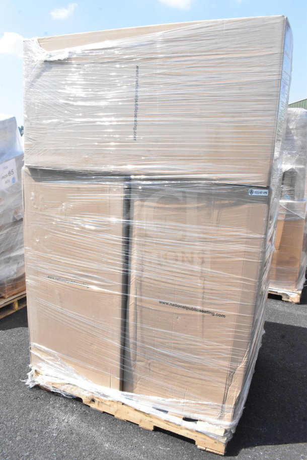 Shrink-wrapped pallet of 6 new Lancaster Table & Seating black banquet chairs, 2" padded seat, silver vein frame; boxes marked with manufacturer details.