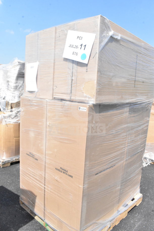 Cardboard box labeled "Fragile Handle with Care" containing 6 new Lancaster black stackable banquet chairs, 2" padded seat.