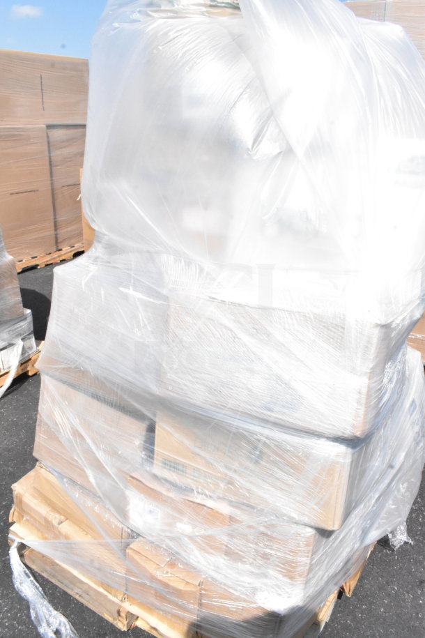 Plastic-wrapped pallet containing 28 scratch and dent items, including barrel sack, cups, plates, and bakery box. Brand new condition.