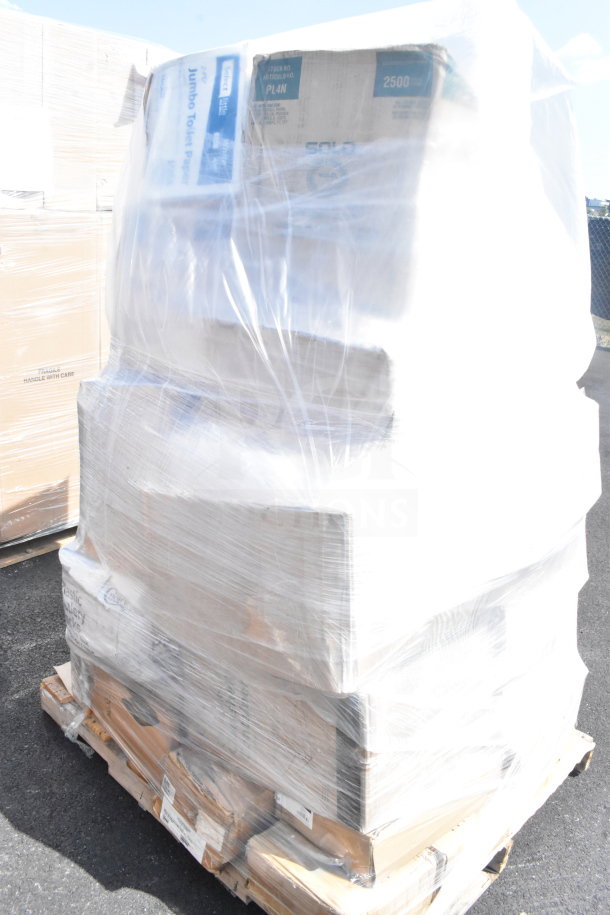 Pallet of 28 shrink-wrapped assorted scratch and dent items, including barrel sack, cups, plates, bakery box.