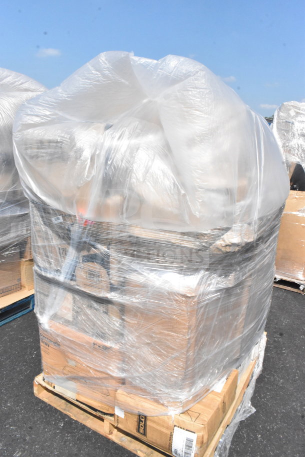 Pallet with 27 scratch and dent items including cake circles, cold cups, and paper plates, shrink-wrapped for auction.