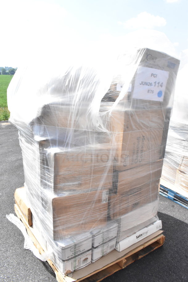 Pallet of 27 brand new, scratch and dent items, including cake circles, cold cups, and paper plates, wrapped in plastic.